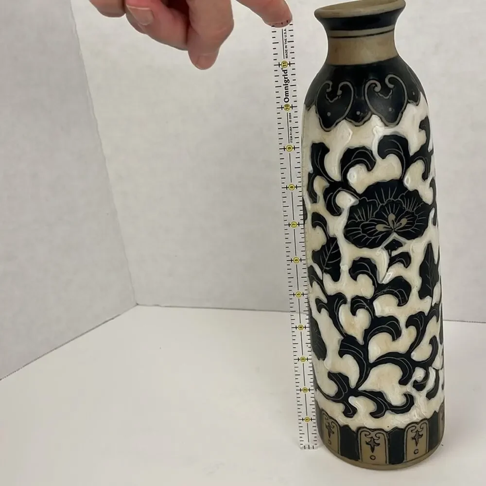 Pottery Vase Floral Vine Black White Tan 12 Inch Decor